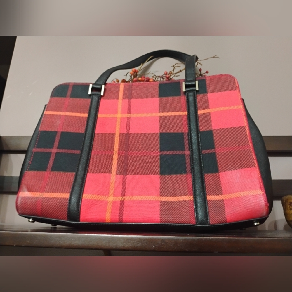 Kate Spade New York Newbury Lane Tote Red & Black Plaid & Saffiano Leather Trim - Picture 11 of 12